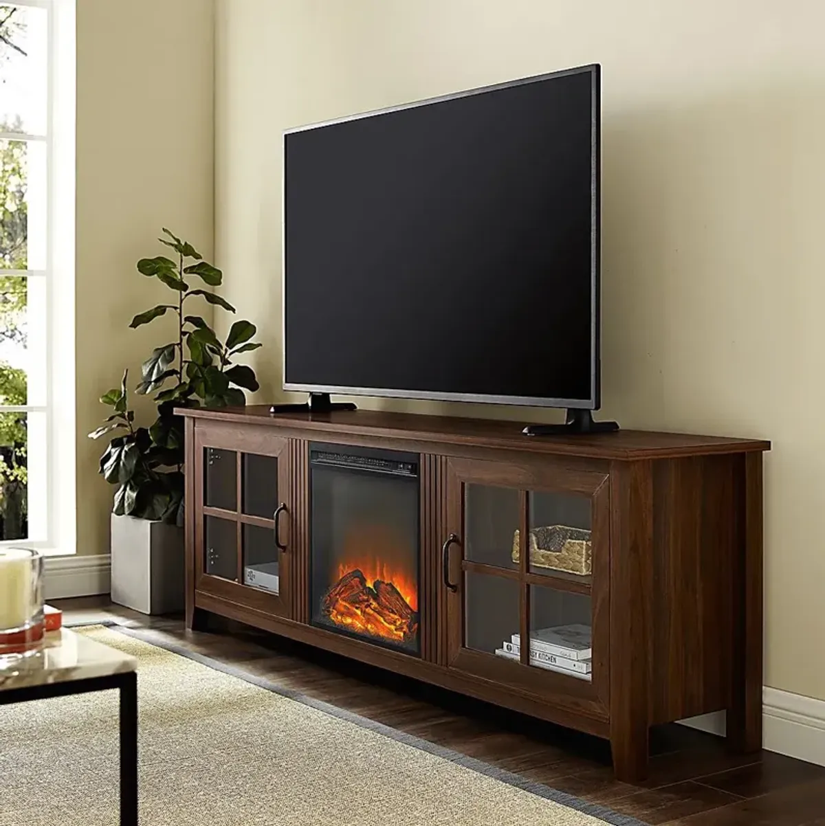 Lambdin Walnut 70 in. Console, With Electric Fireplace