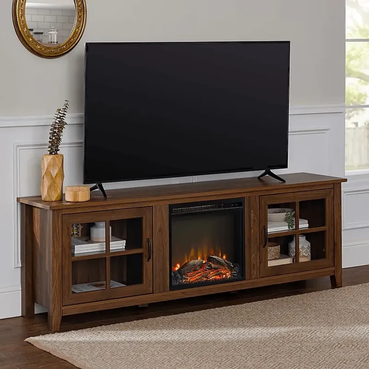 Lambdin Walnut 70 in. Console, With Electric Fireplace