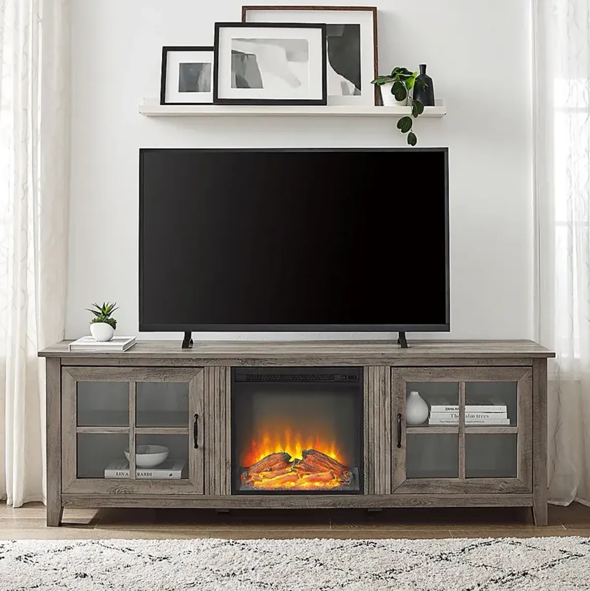 Lambdin Gray 70 in. Console, With Electric Fireplace