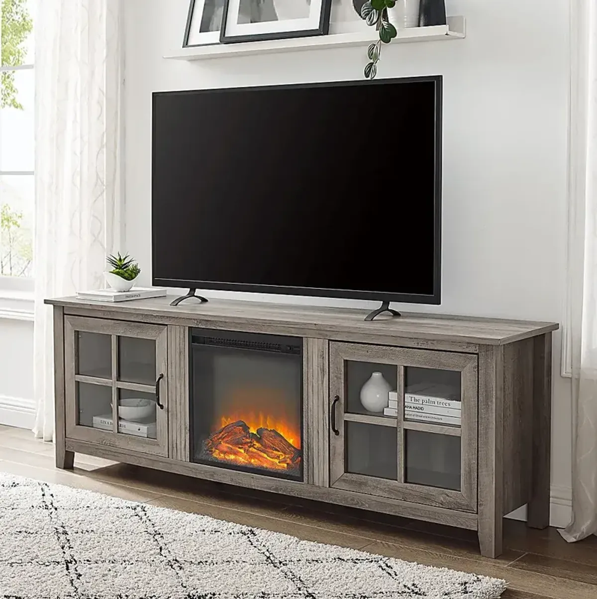 Lambdin Gray 70 in. Console, With Electric Fireplace