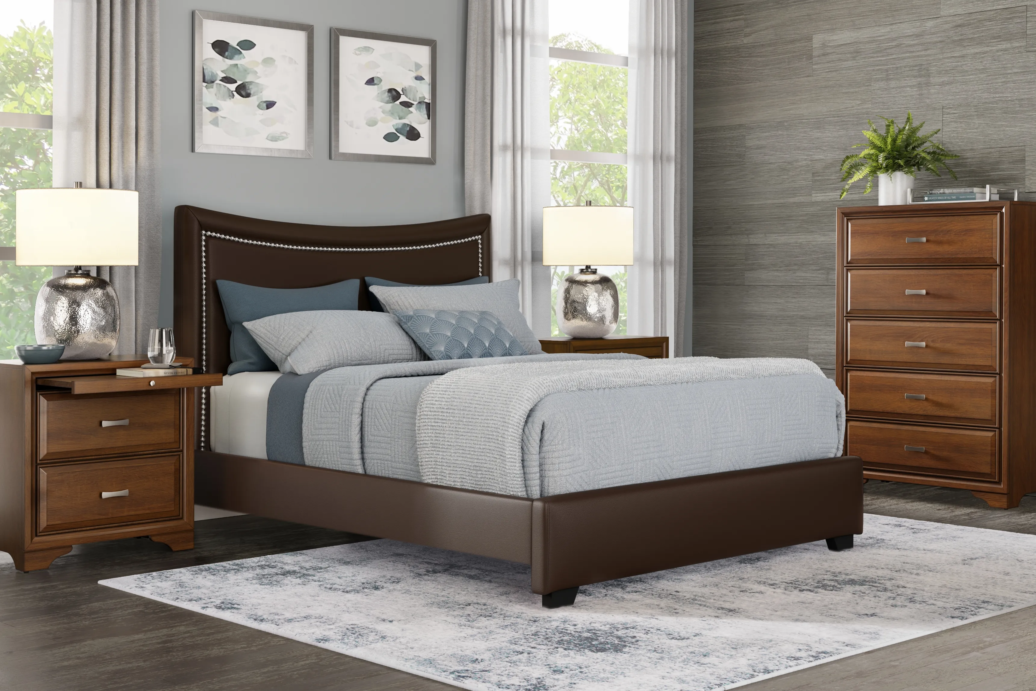 Belcourt Brown Cherry Finish 5 Pc Bedroom With Genoa Brown Queen Upholstered Bed