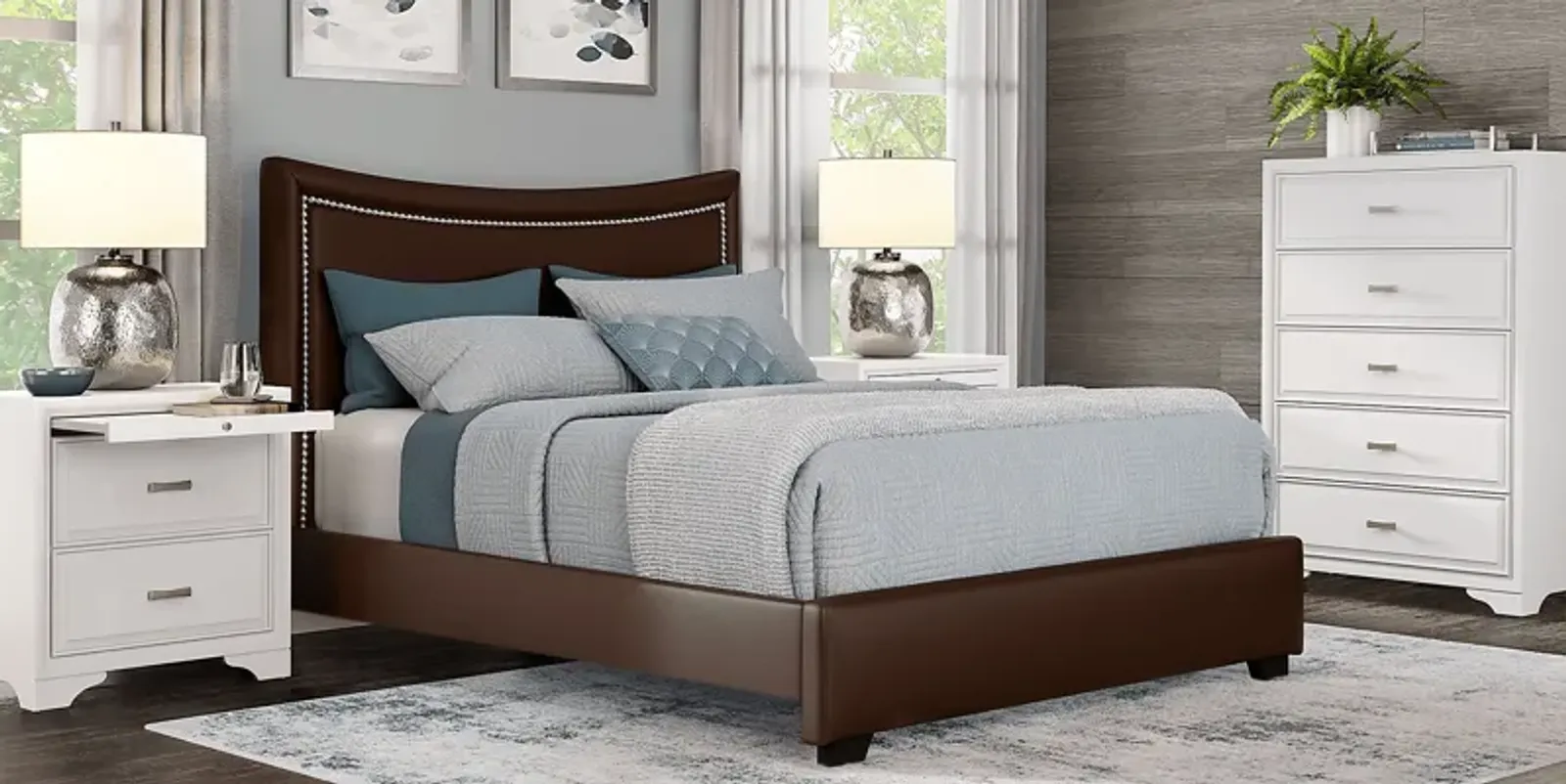 Belcourt White 5 Pc Bedroom With Genoa Brown Queen Upholstered Bed