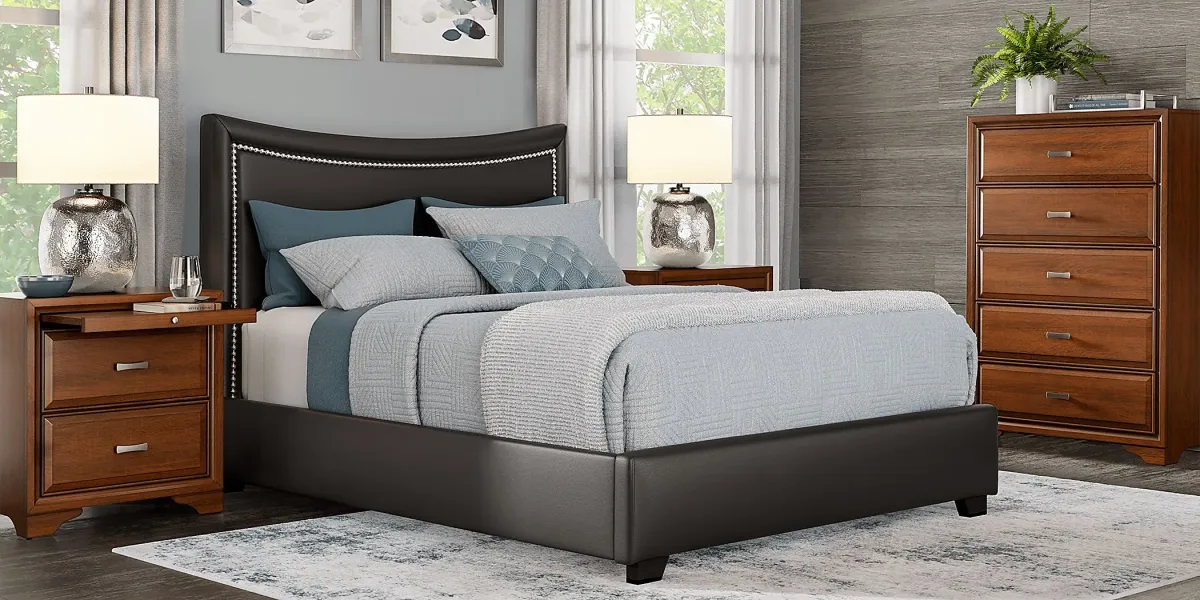 Belcourt Brown Cherry 5 Pc Bedroom With Genoa Black Queen Upholstered Bed