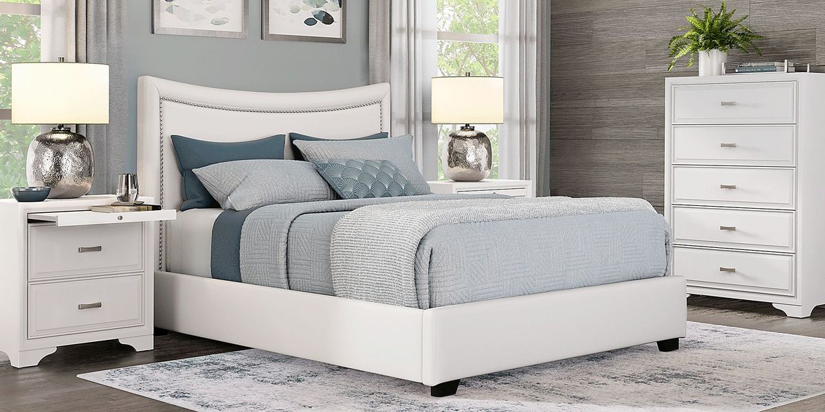 Belcourt White 5 Pc Bedroom With Genoa Ivory Queen Upholstered Bed