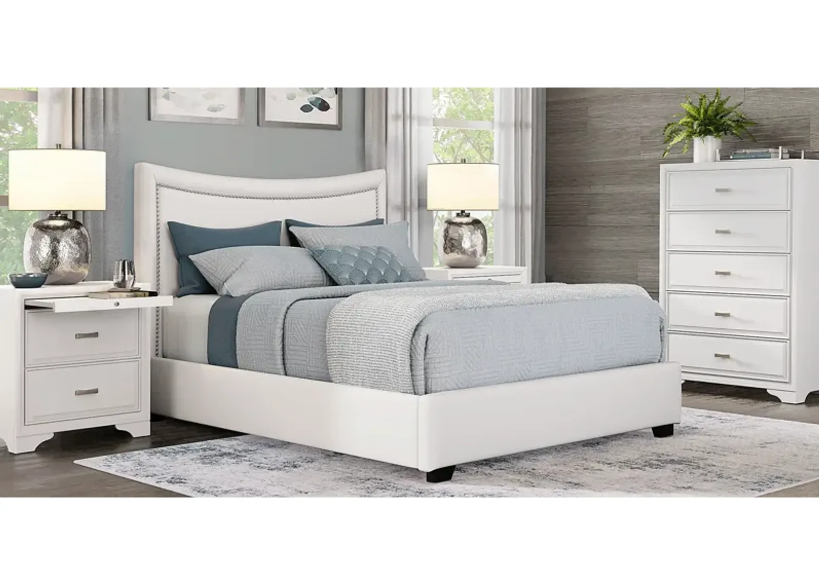 Belcourt White 5 Pc Bedroom With Genoa Ivory Queen Upholstered Bed