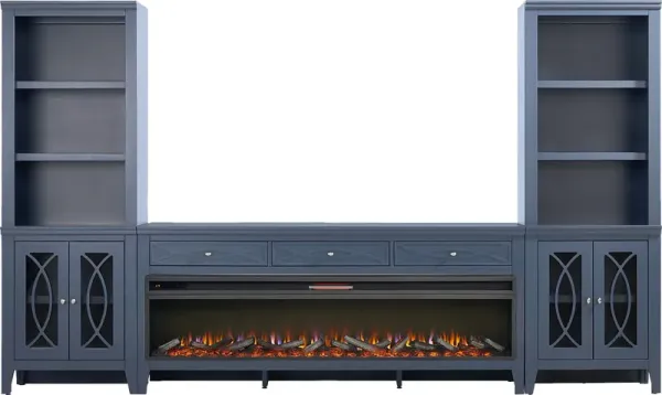 Abbie II Blue 3 Pc Wall Unit with 77 in. Console and Electric Log Fireplace