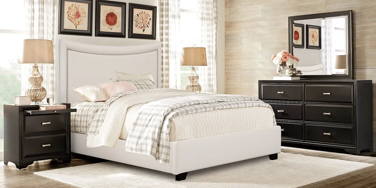 Belcourt Black 5 Pc Bedroom with Genoa Ivory King Upholstered Bed