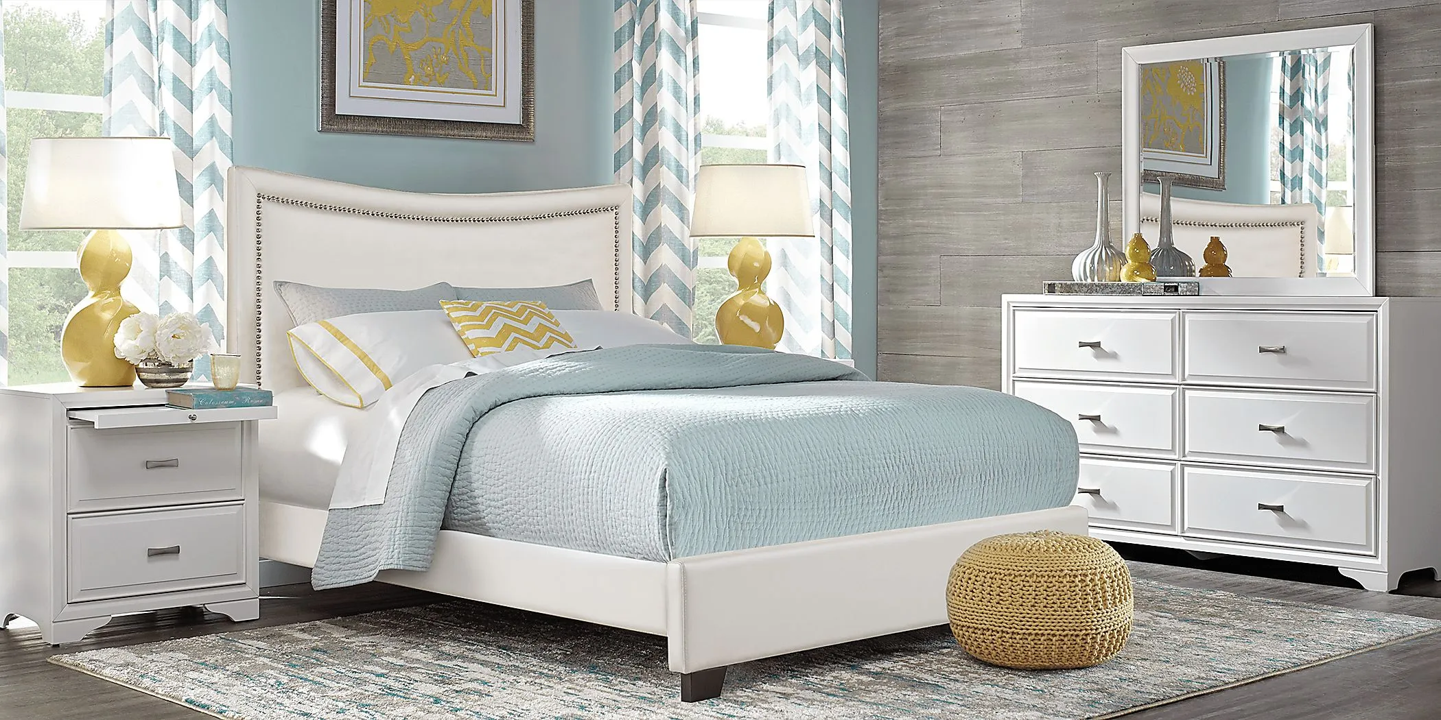 Belcourt White 5 Pc Bedroom with Genoa Ivory Queen Upholstered Bed