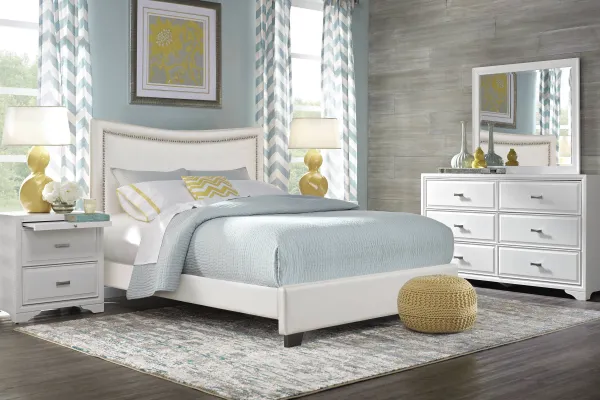 Belcourt White 5 Pc Bedroom with Genoa Ivory Queen Upholstered Bed