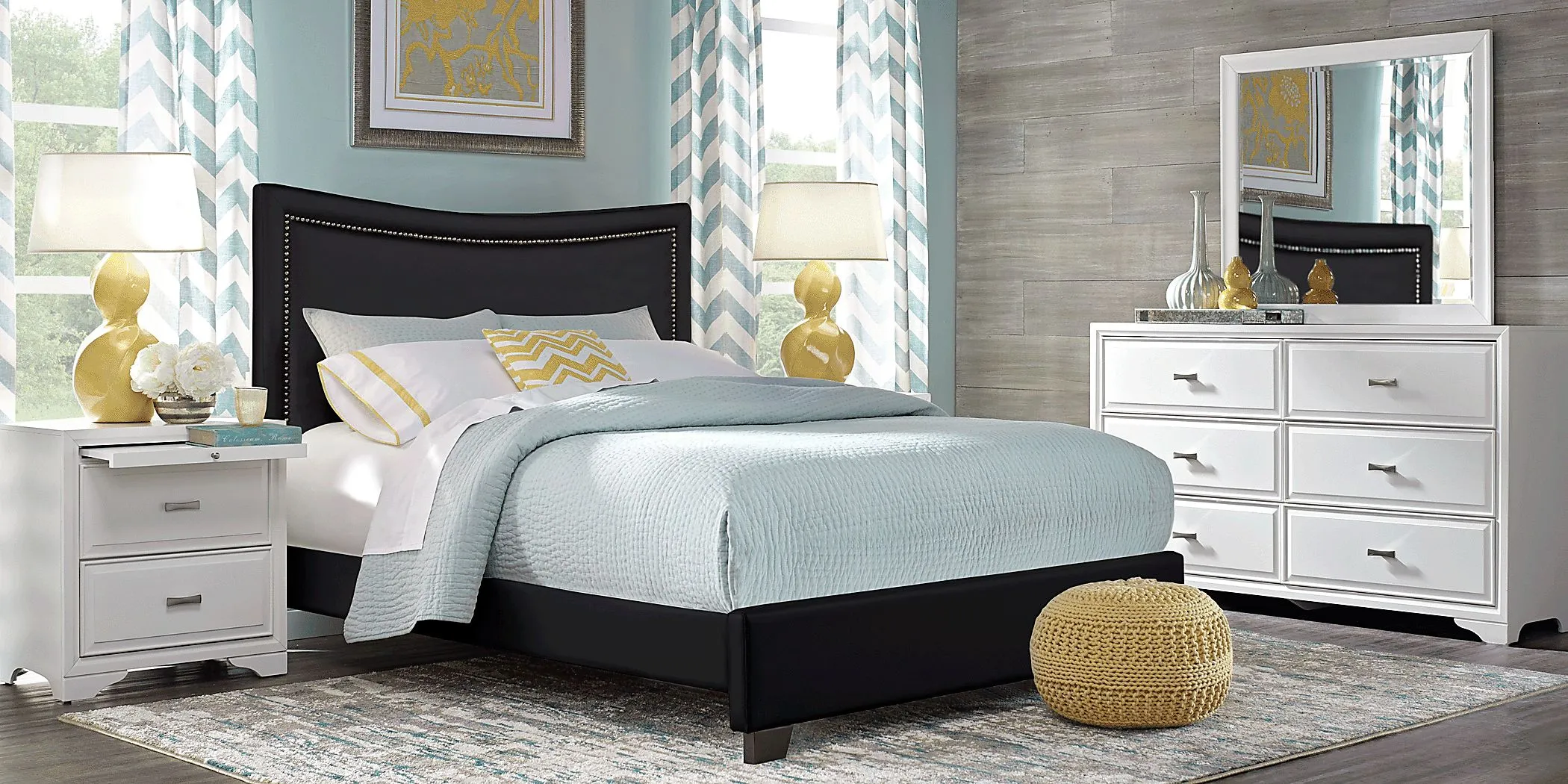 Belcourt White 7 Pc Bedroom with Genoa Black Queen Upholstered Bed