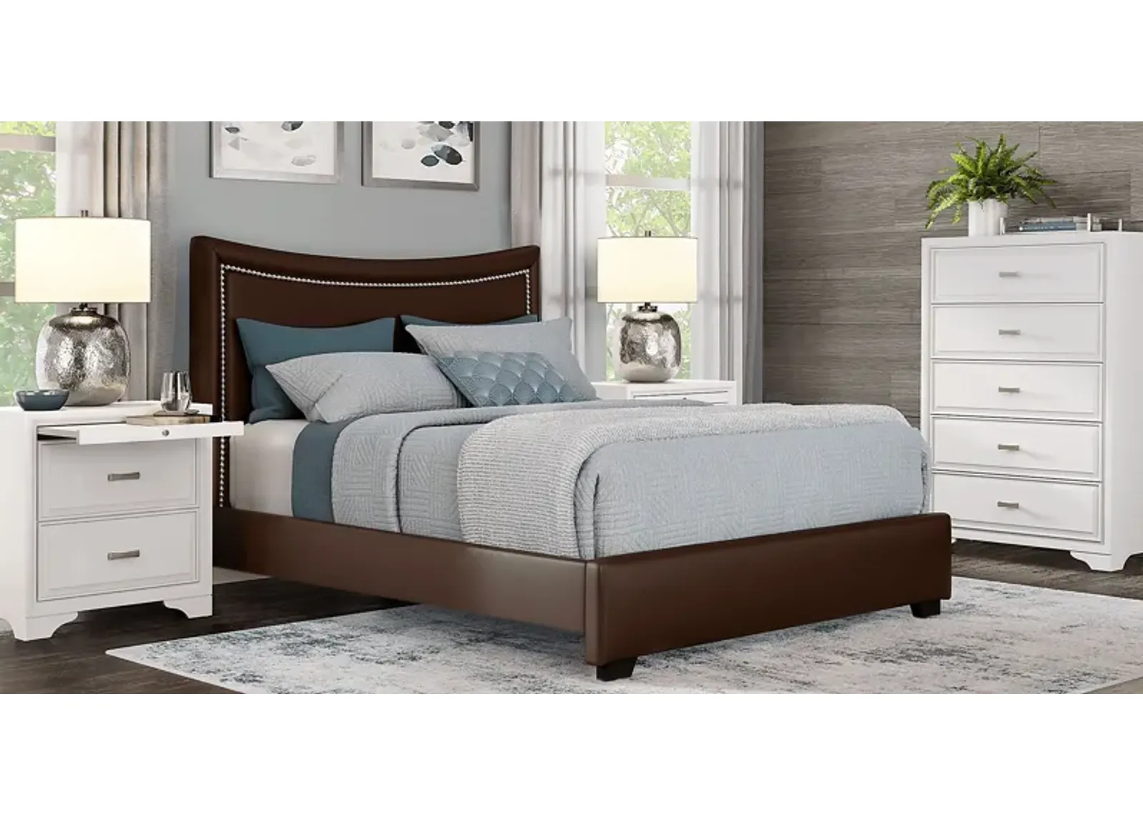 Belcourt White 5 Pc Bedroom With Genoa Brown King Upholstered Bed