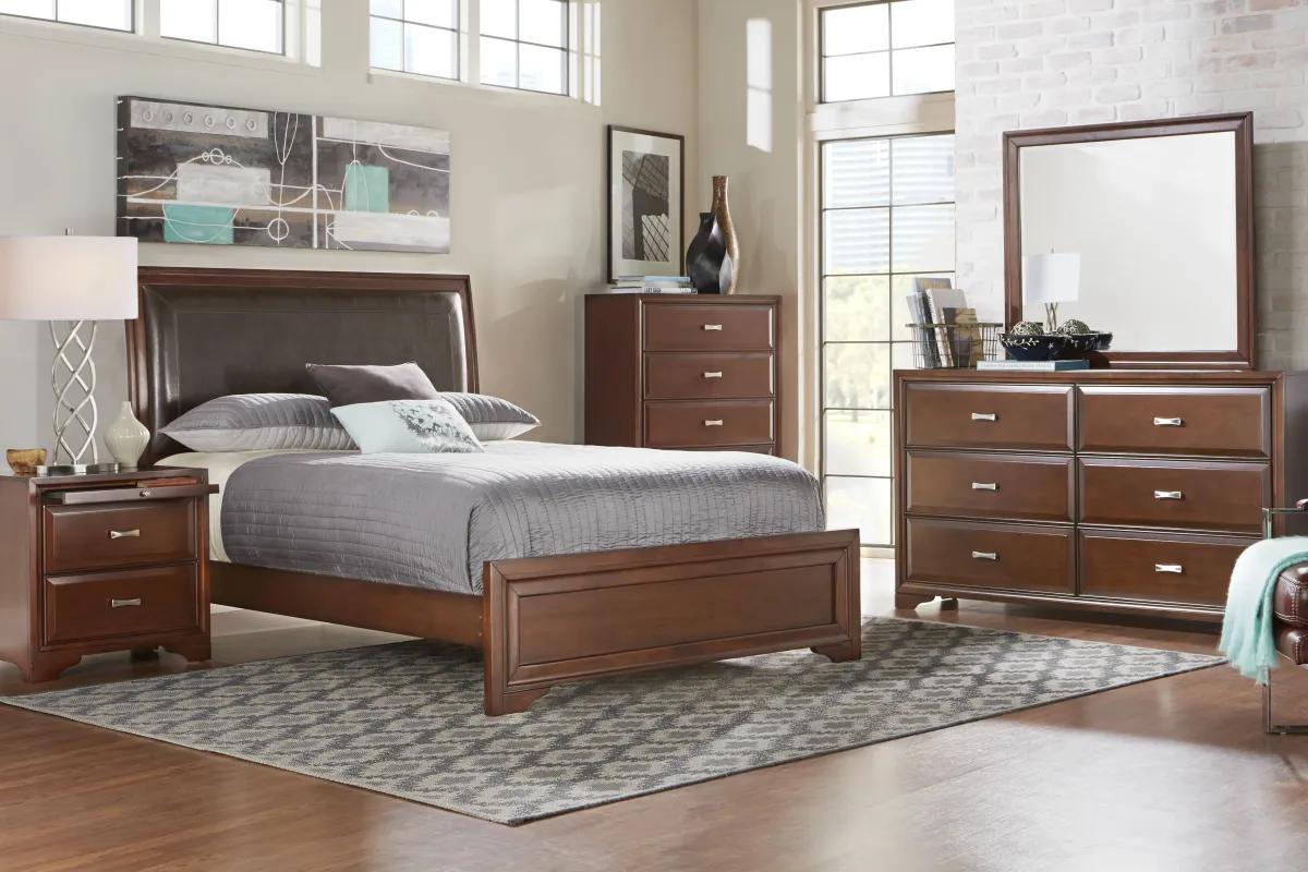 Belcourt Brown Cherry 5 Pc Queen Upholstered Sleigh Bedroom