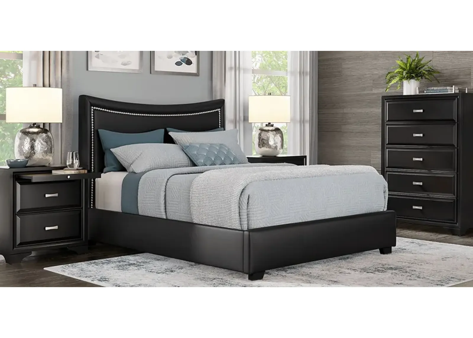 Belcourt Black 5 Pc Bedroom With Genoa Black King Upholstered Bed