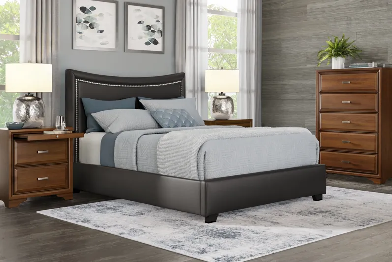 Belcourt Brown Cherry Finish 5 Pc Bedroom With Genoa Black King Upholstered Bed