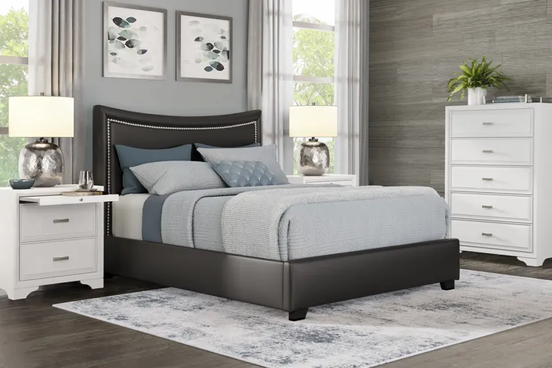 Belcourt White 5 Pc Bedroom With Genoa Black King Upholstered Bed
