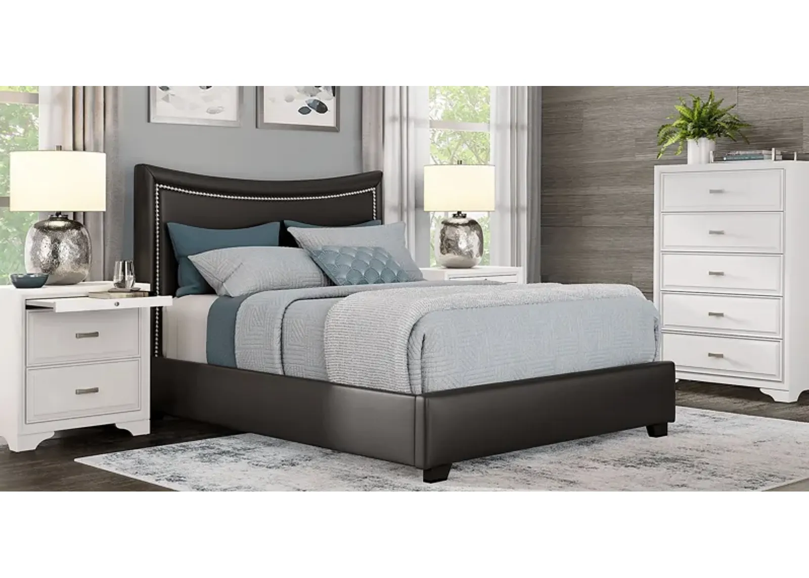 Belcourt White 5 Pc Bedroom With Genoa Black King Upholstered Bed