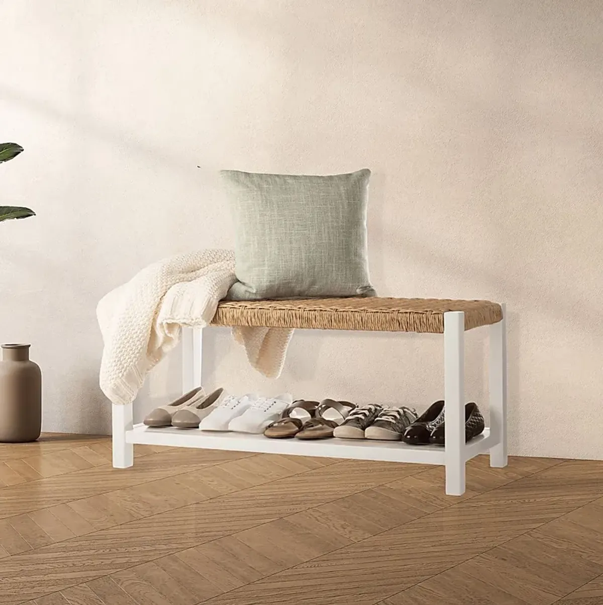 Zorvyn White/Natural Storage Bench