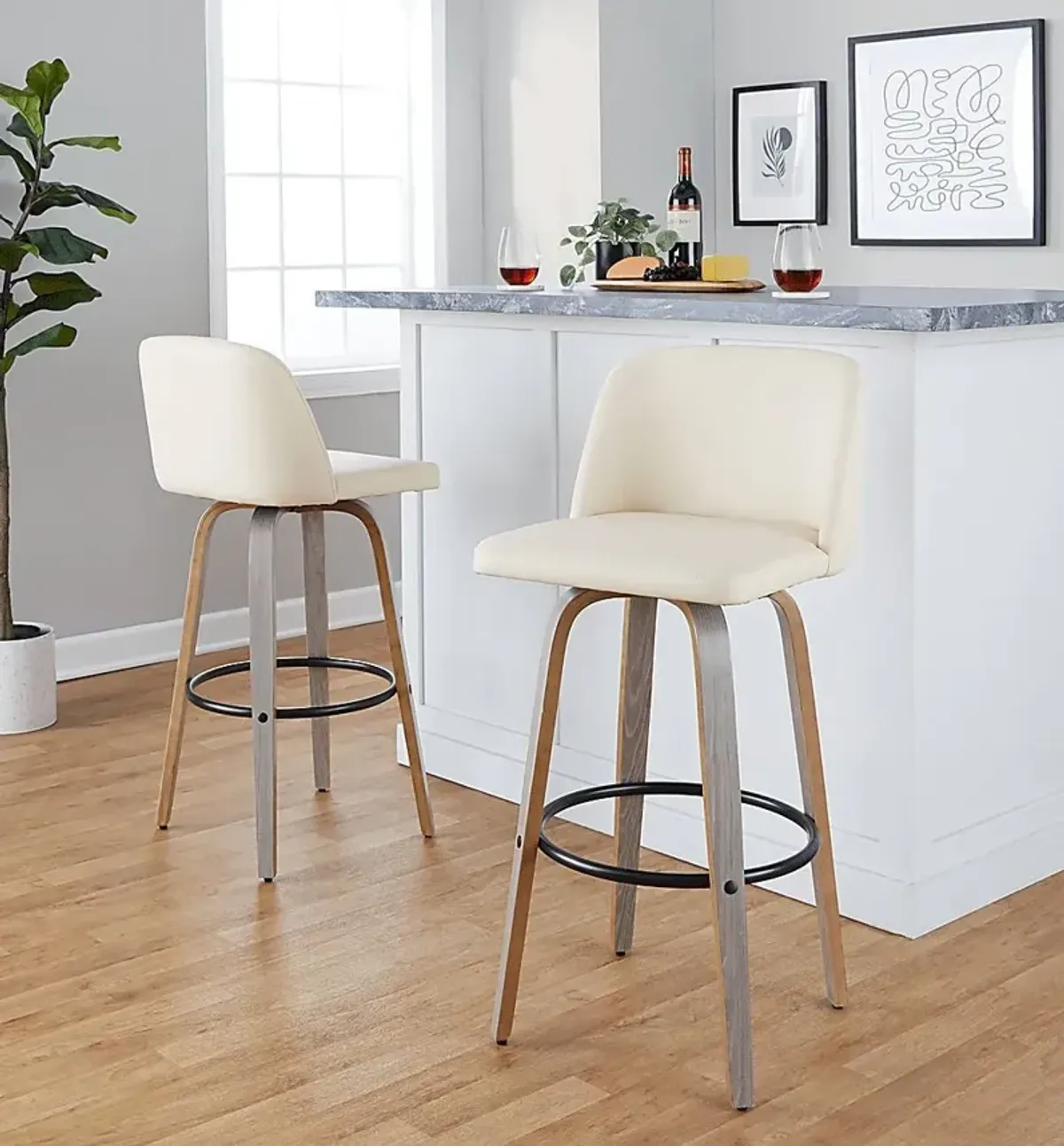 Wymering III Cream Polyurethane Swivel Barstool, Set of 2