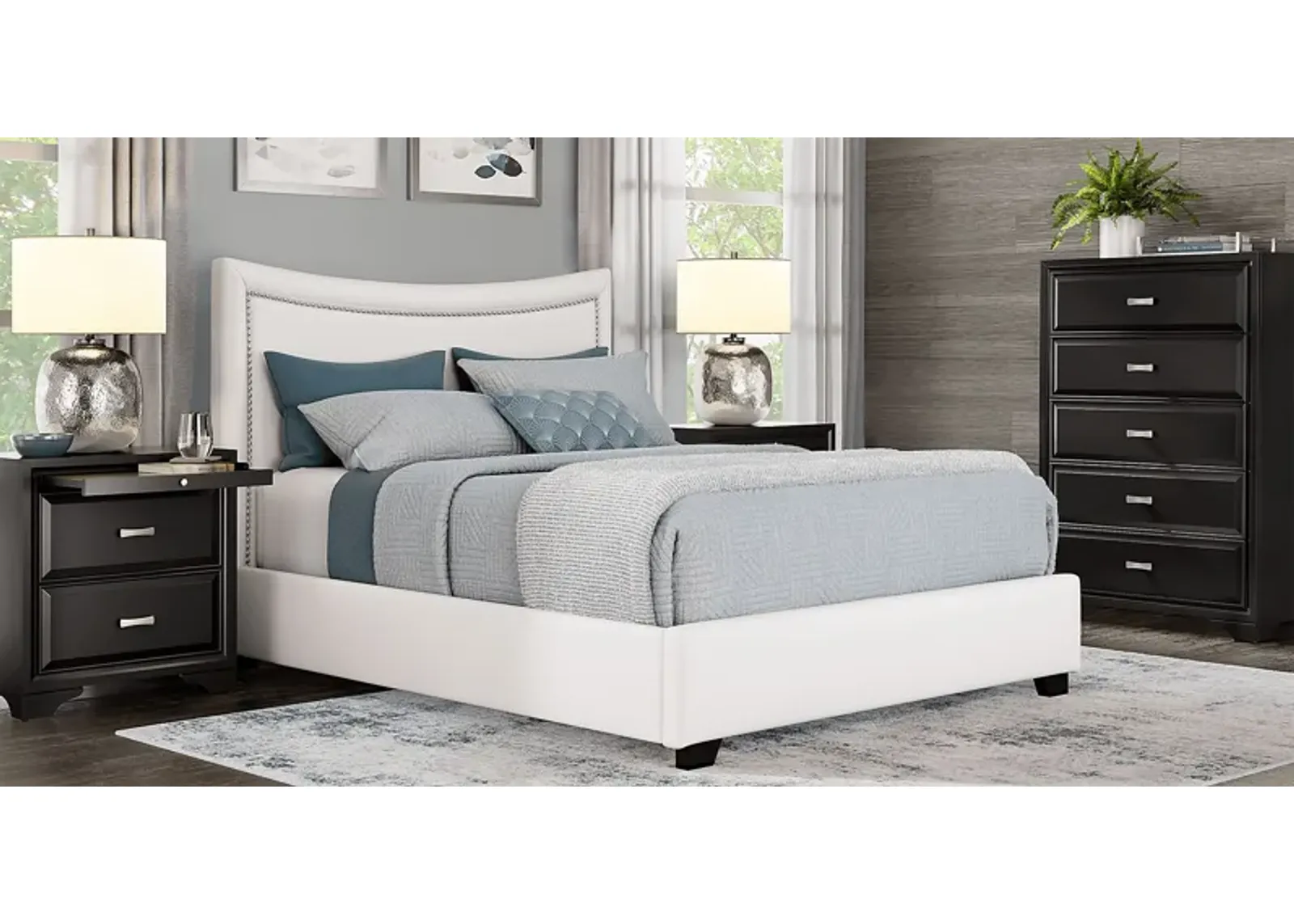 Belcourt Black 5 Pc Bedroom With Genoa Ivory King Upholstered Bed