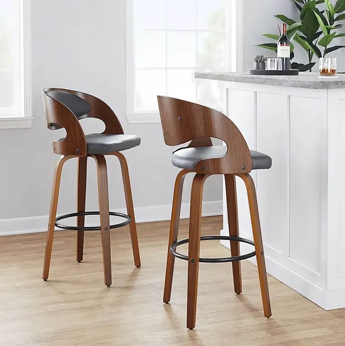 Tescord V Charcoal Swivel Barstool, Set of 2