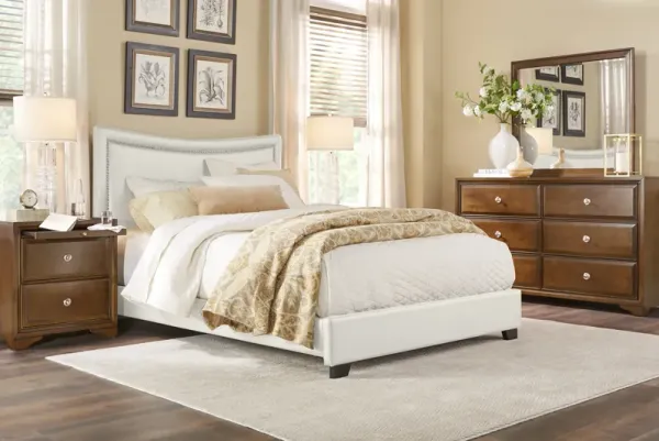 Belcourt Brown Cherry 5 Pc Bedroom with Genoa Ivory Queen Upholstered Bed