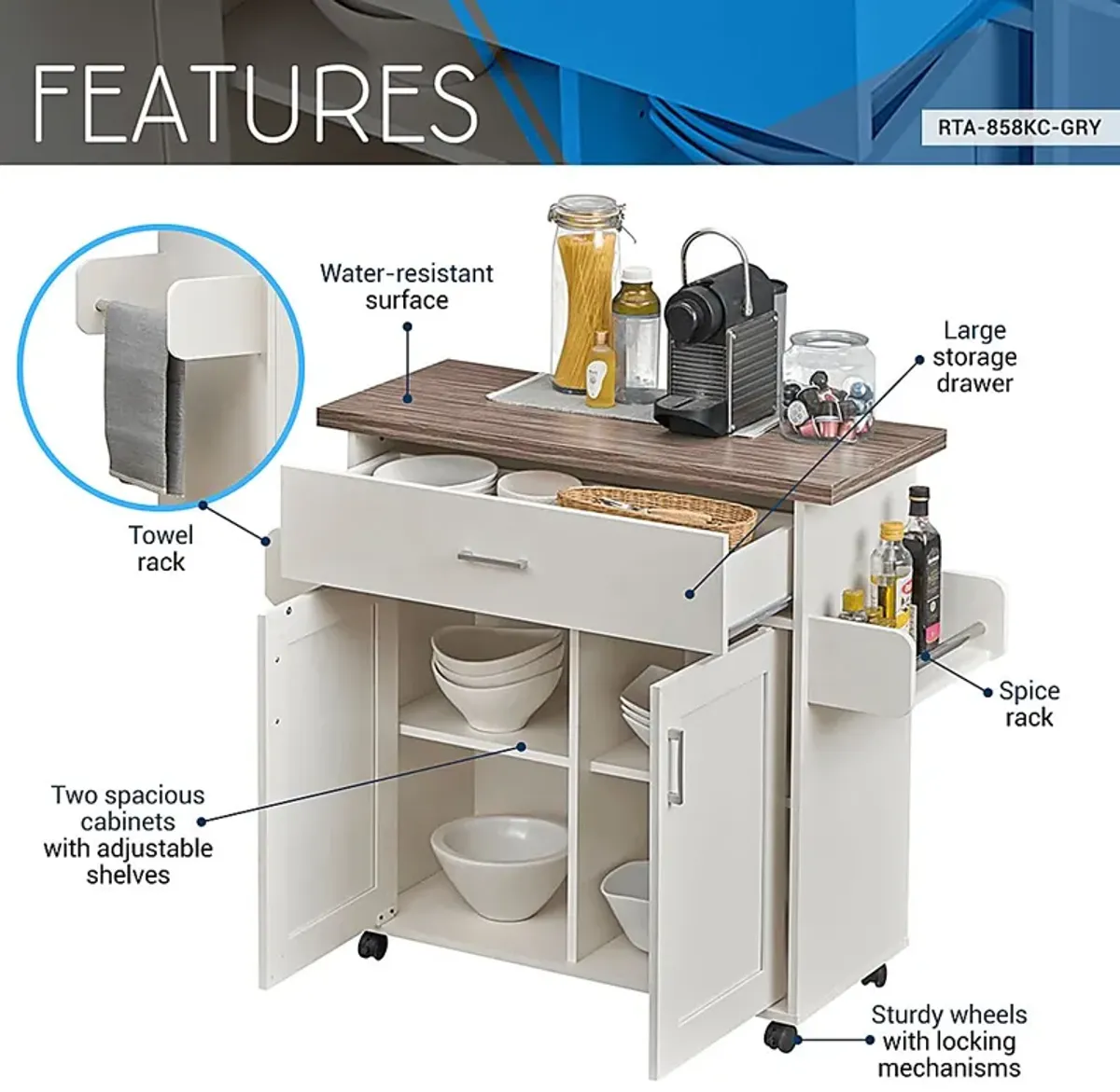 Keimio White Kitchen Cart