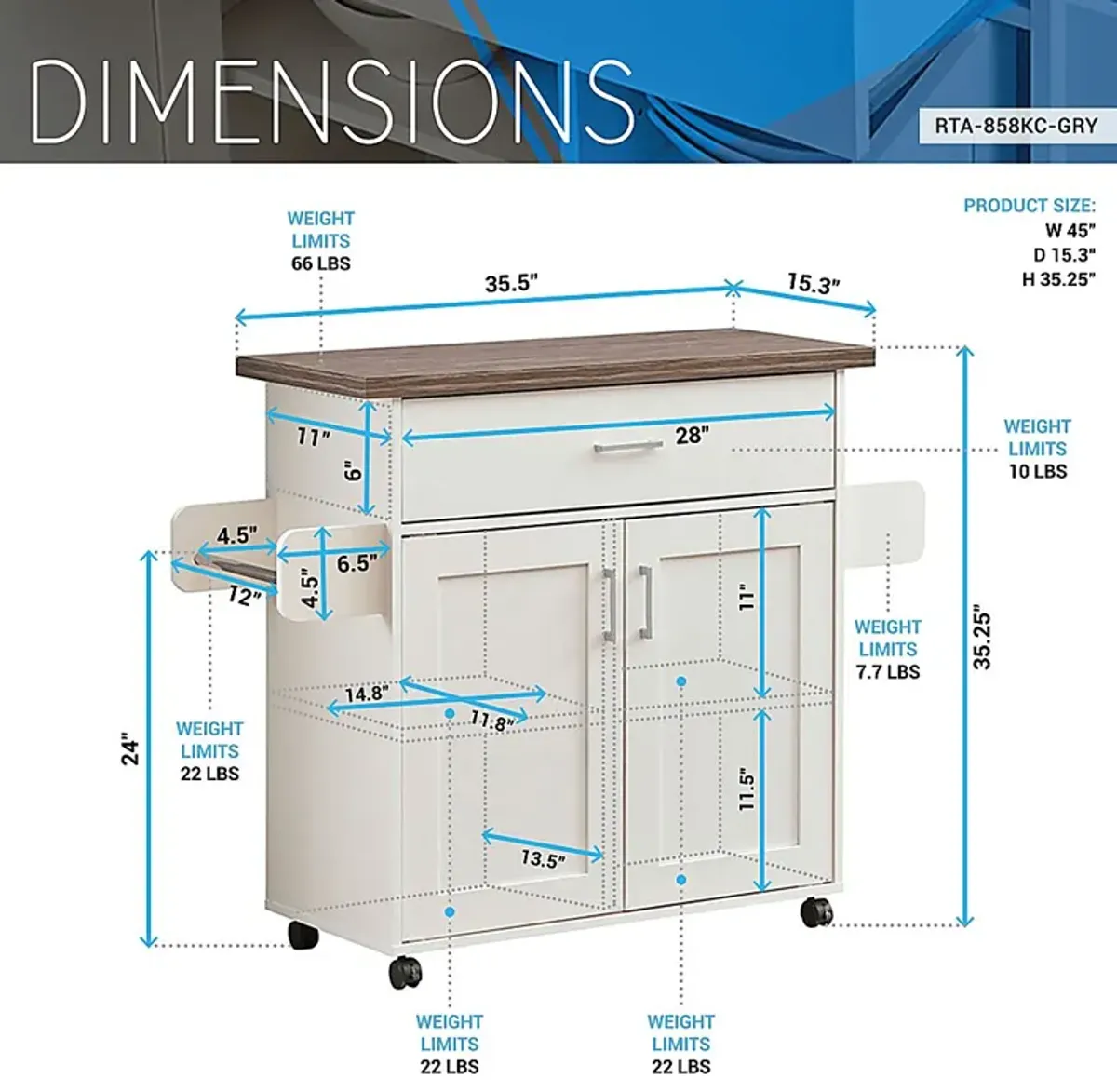 Keimio White Kitchen Cart