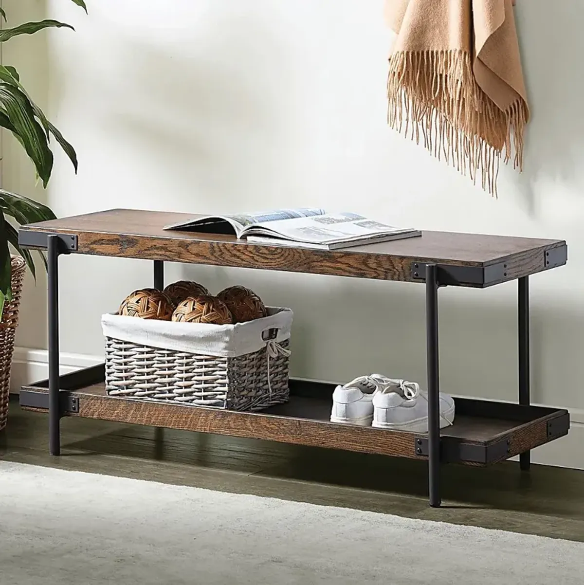 Herontye Brown Bench with Shelf