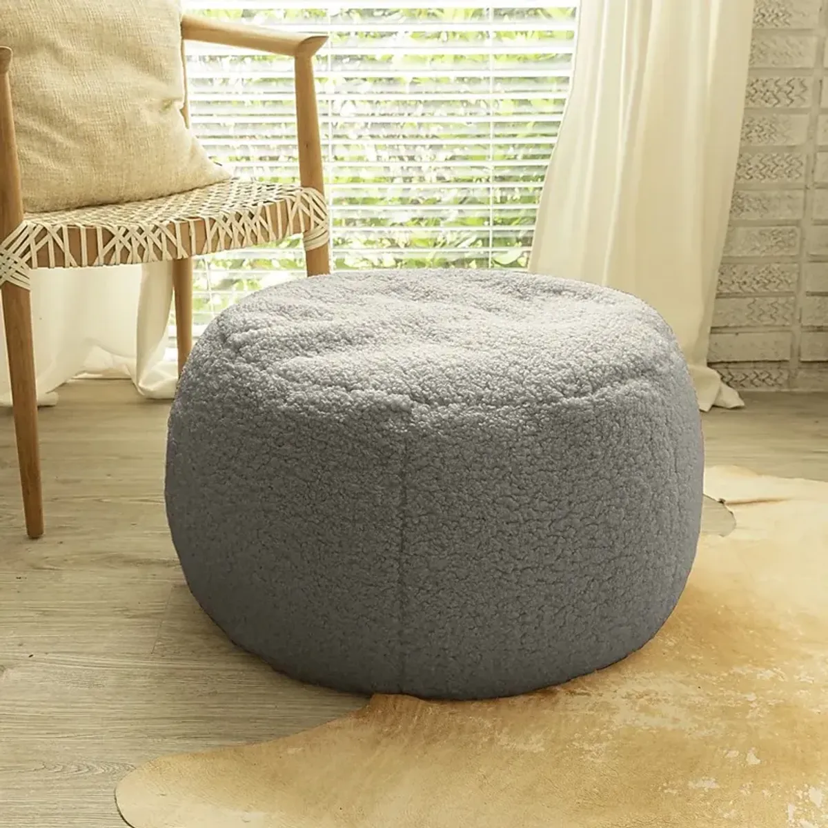 Meashi Gray Shearling Pouf