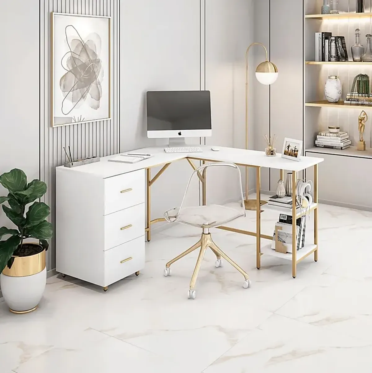 Milldes Gold L-Shaped Storage Desk