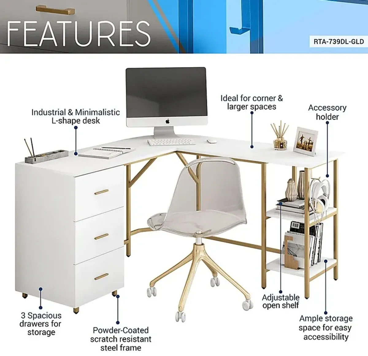 Milldes Gold L-Shaped Storage Desk