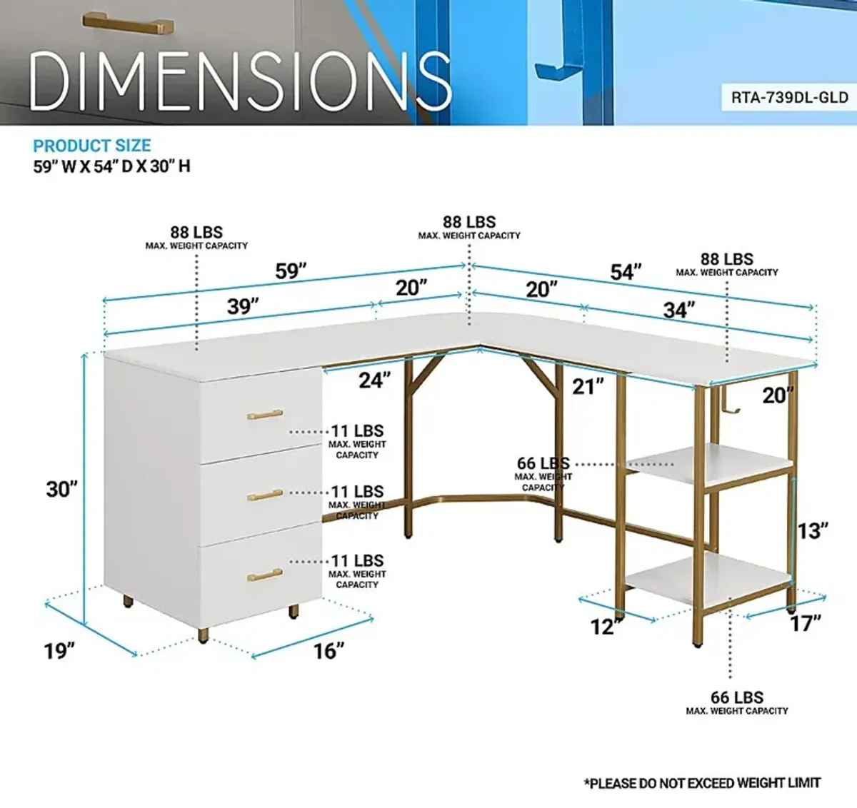 Milldes Gold L-Shaped Storage Desk