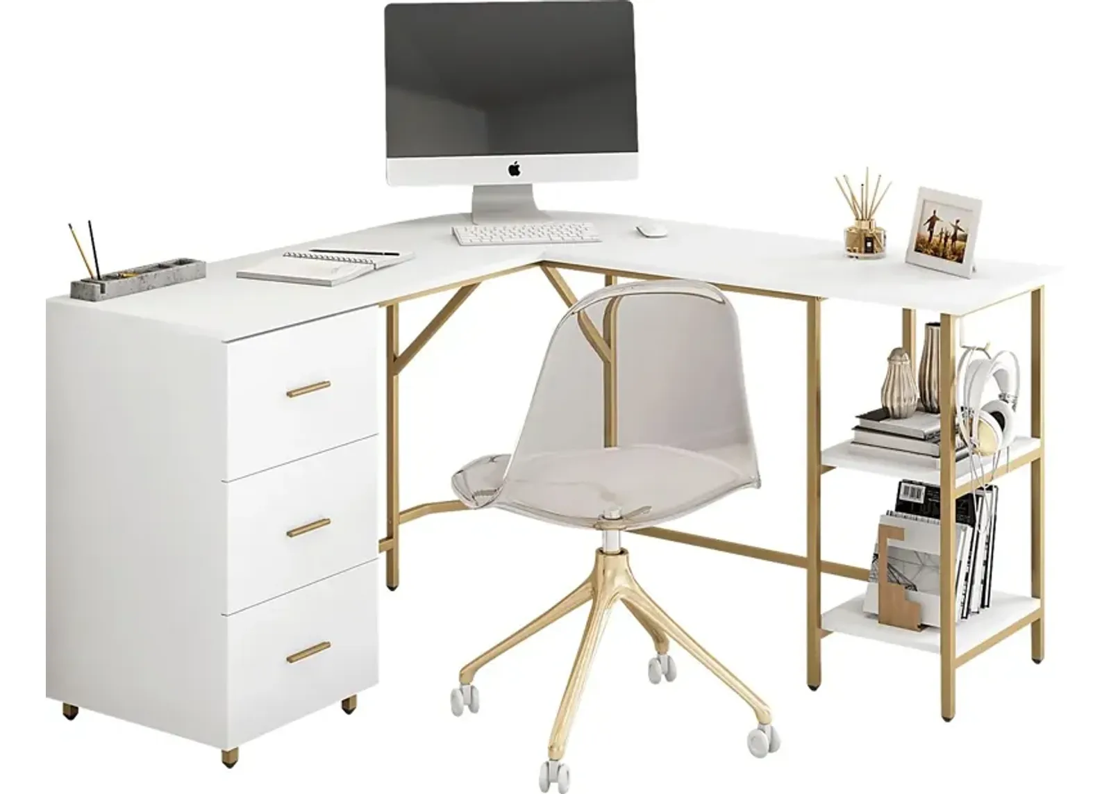 Milldes Gold L-Shaped Storage Desk