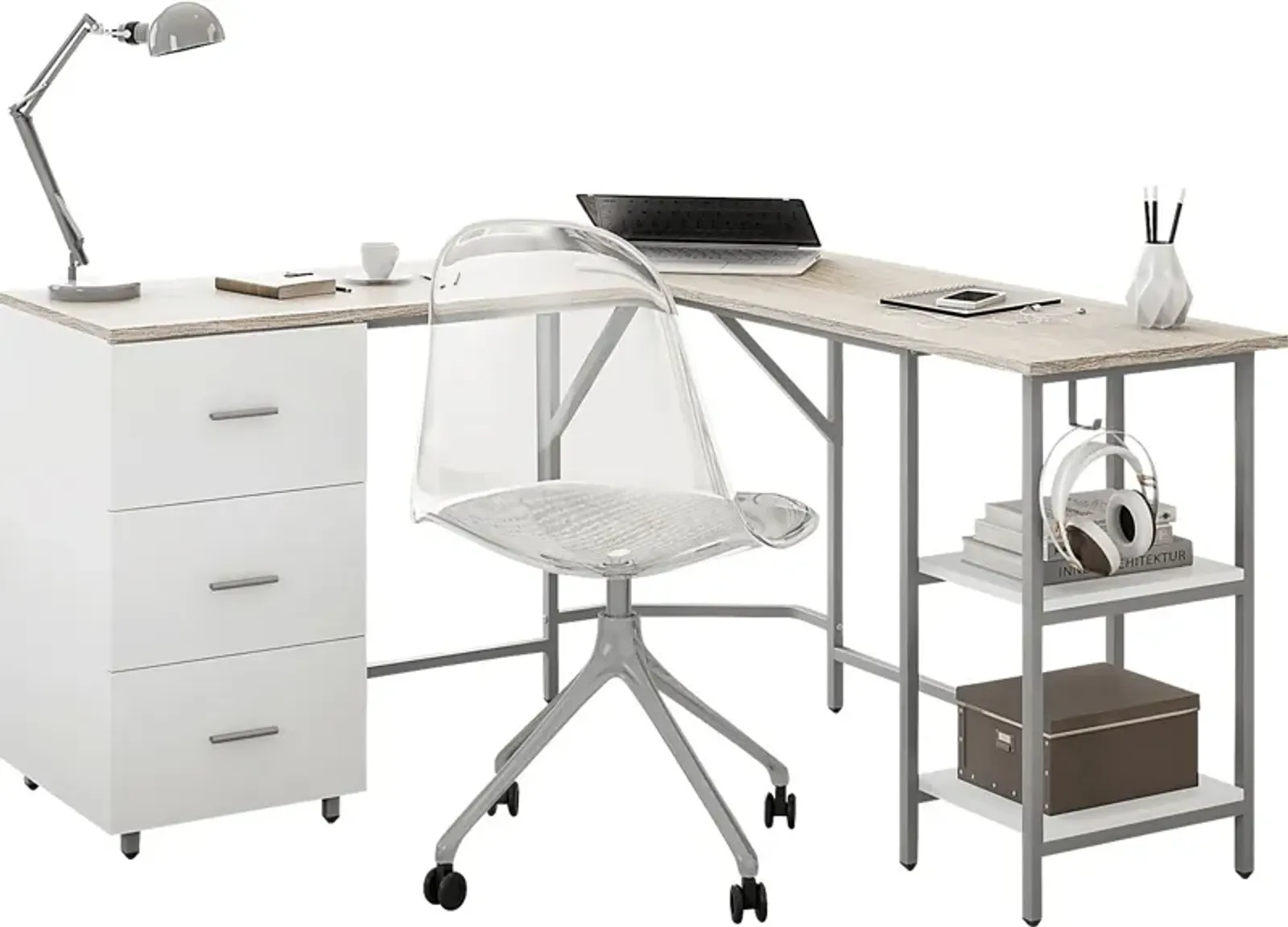 Milldes Beige L-Shaped Storage Desk