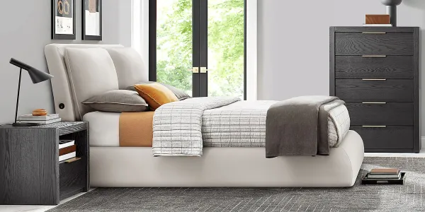 Easton Park Black 5 Pc Bedroom with York Mills White Upholstered Queen Bed