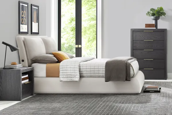 Easton Park Black 5 Pc Bedroom with York Mills White Upholstered Queen Bed