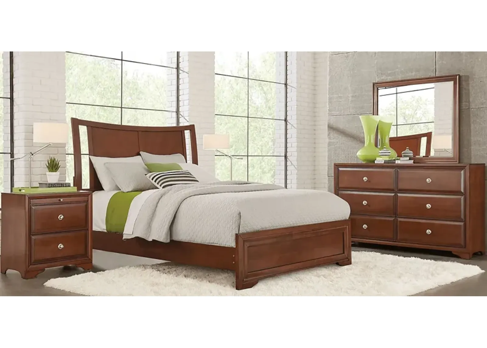 Belcourt Brown Cherry 7 Pc Queen Curved Sleigh Panel Bedroom