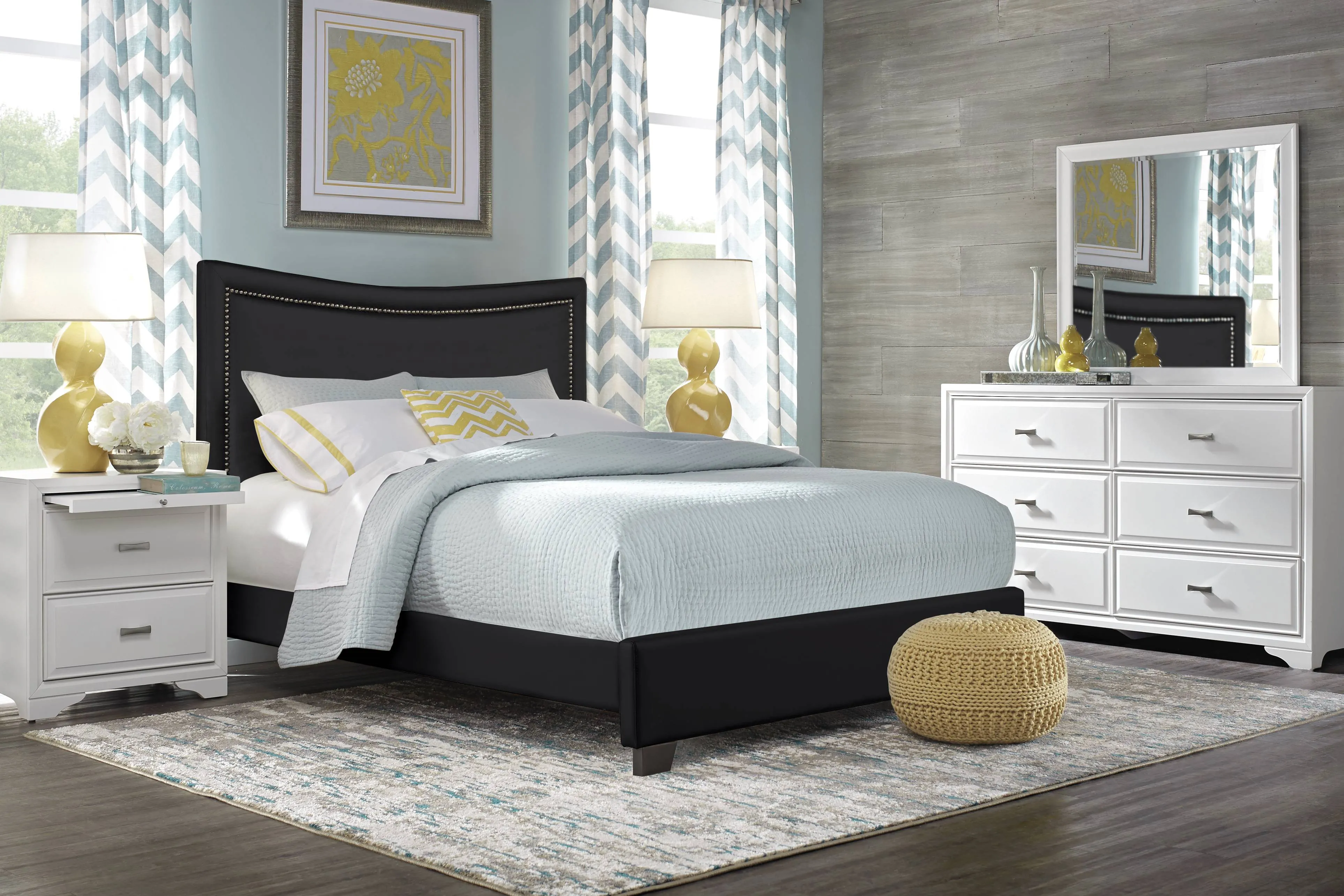 Belcourt White 7 Pc Bedroom with Genoa Black Queen Upholstered Bed