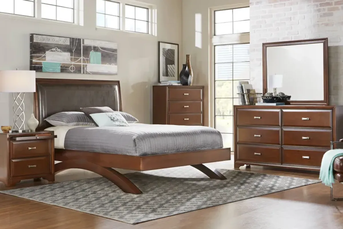 Belcourt Brown Cherry 7 Pc Queen Upholstered Sleigh Arch Bedroom