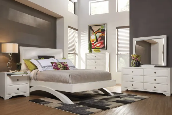 Belcourt White 7 Pc Queen Upholstered Sleigh Arch Bedroom