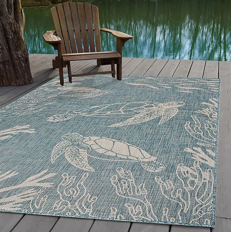 Soweyn Aqua/White 7'6 x 9'5 Indoor/Outdoor Rug