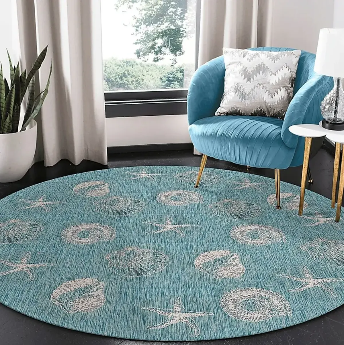 Sandfoot Point Aqua 7'10 Round Indoor/Outdoor Rug