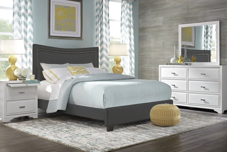 Belcourt White 7 Pc Bedroom with Genoa Gray King Upholstered Bed