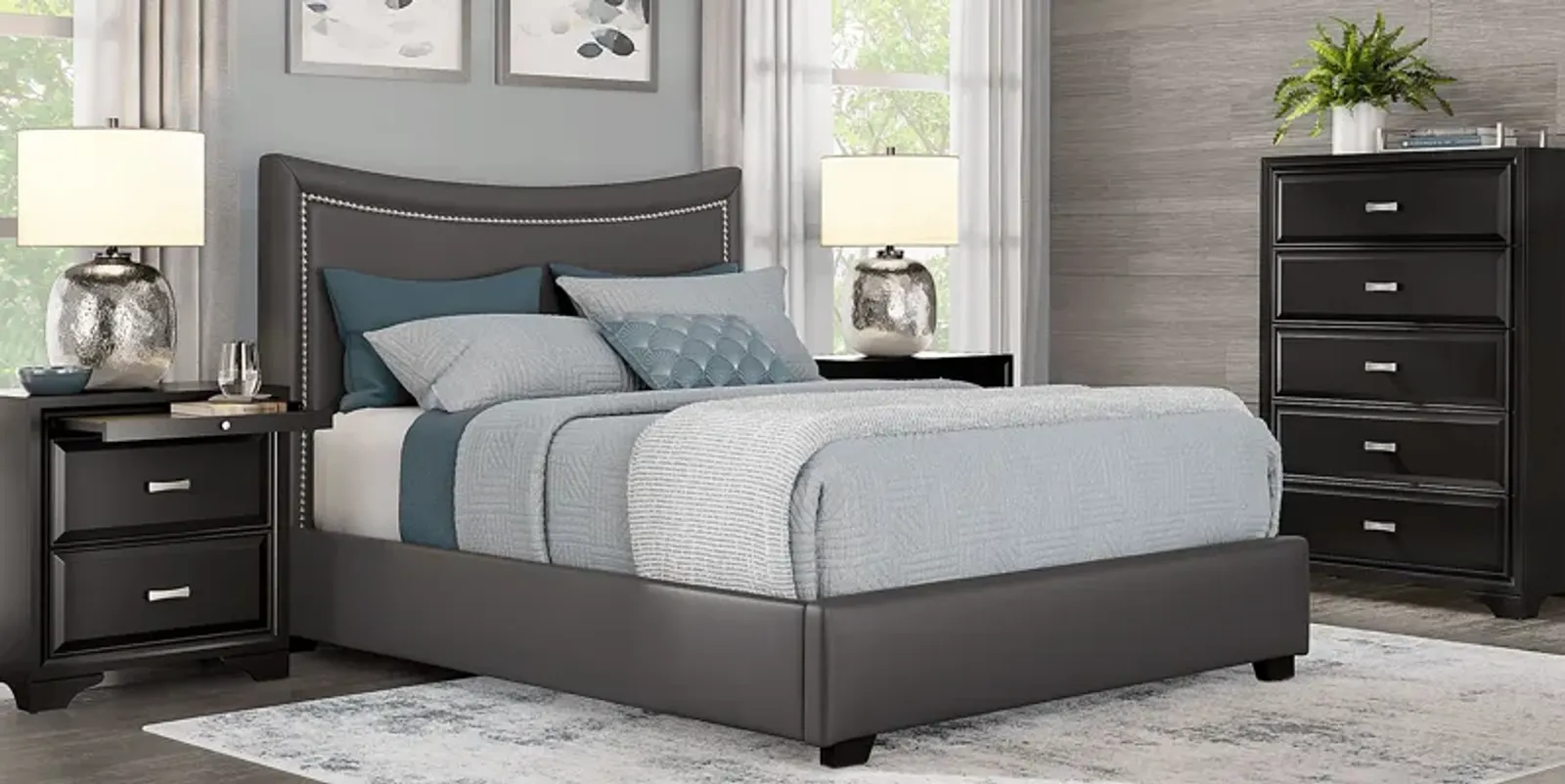 Belcourt Black 5 Pc Bedroom With Genoa Gray King Upholstered Bed