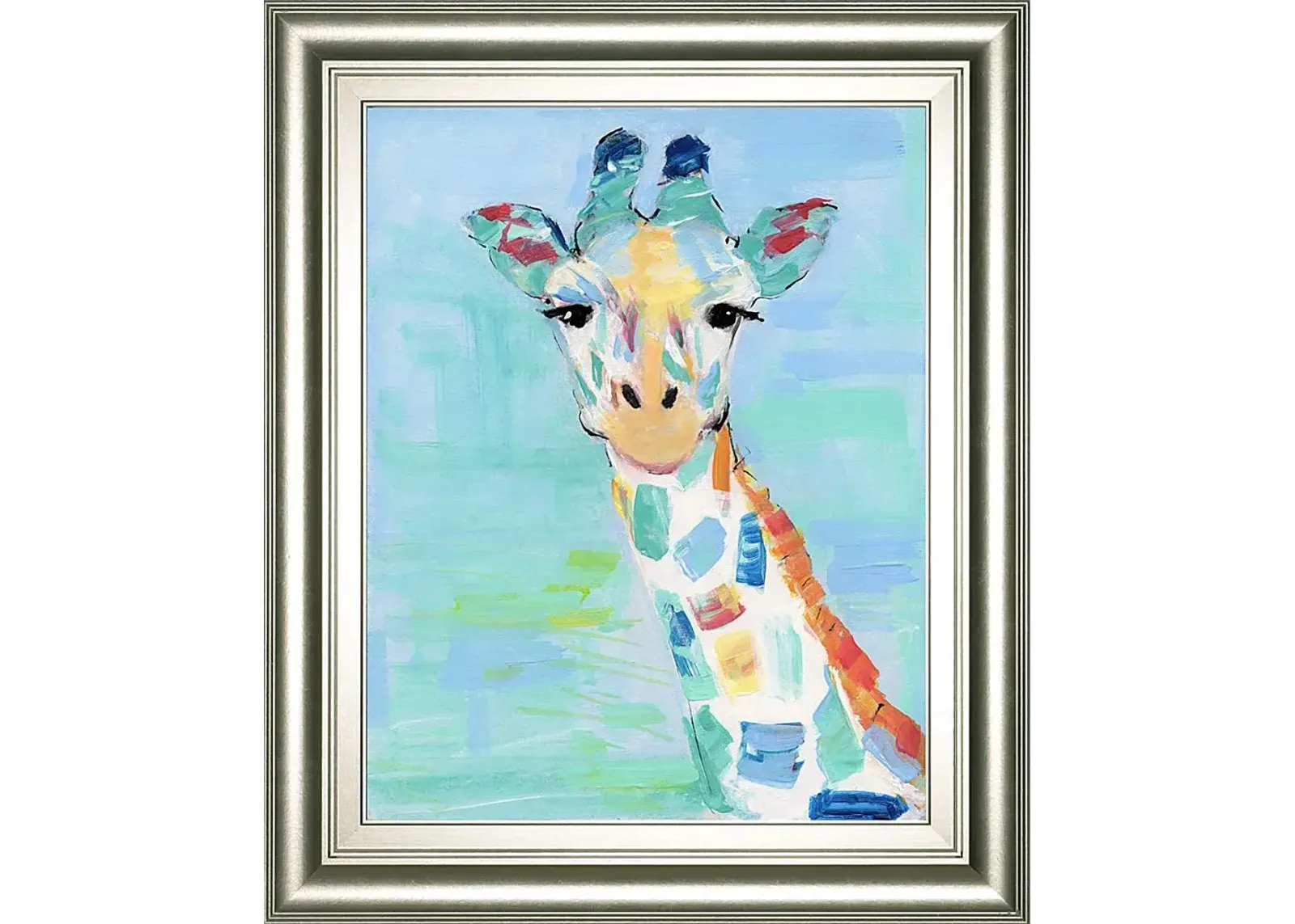 Kids Rainbow Giraffe Blue Framed Wall Art