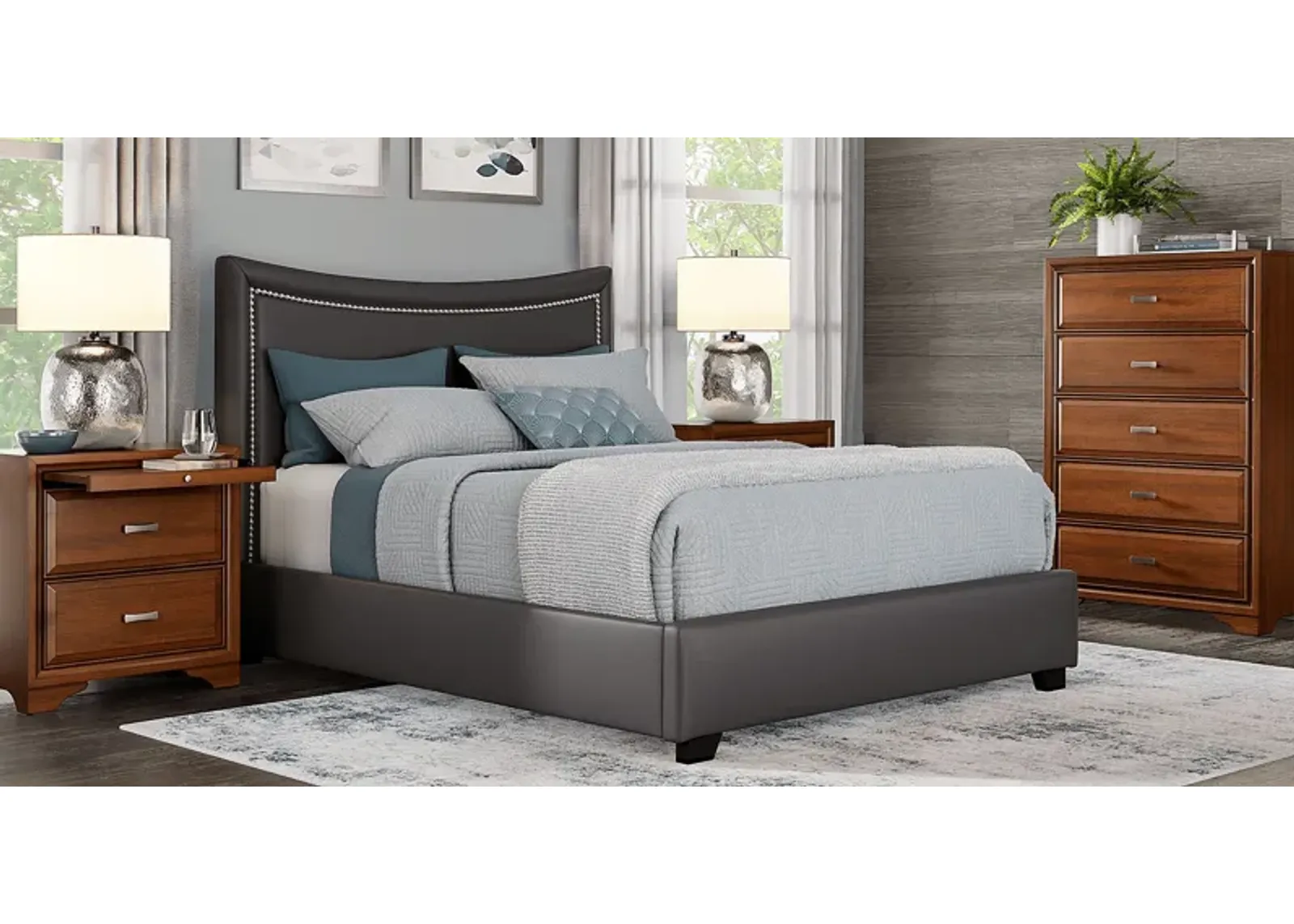 Belcourt Brown Cherry 5 Pc Bedroom With Genoa Gray Queen Upholstered Bed