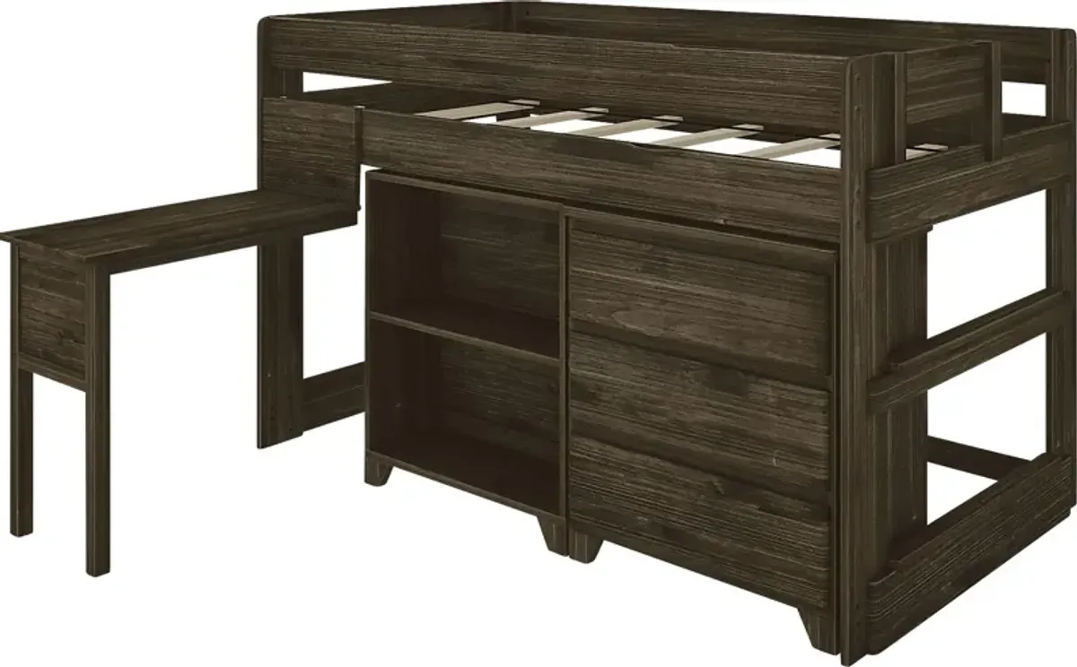 Kids Eliska I Brown Twin Loft Bed with Dresser, Bookcase, and Desk