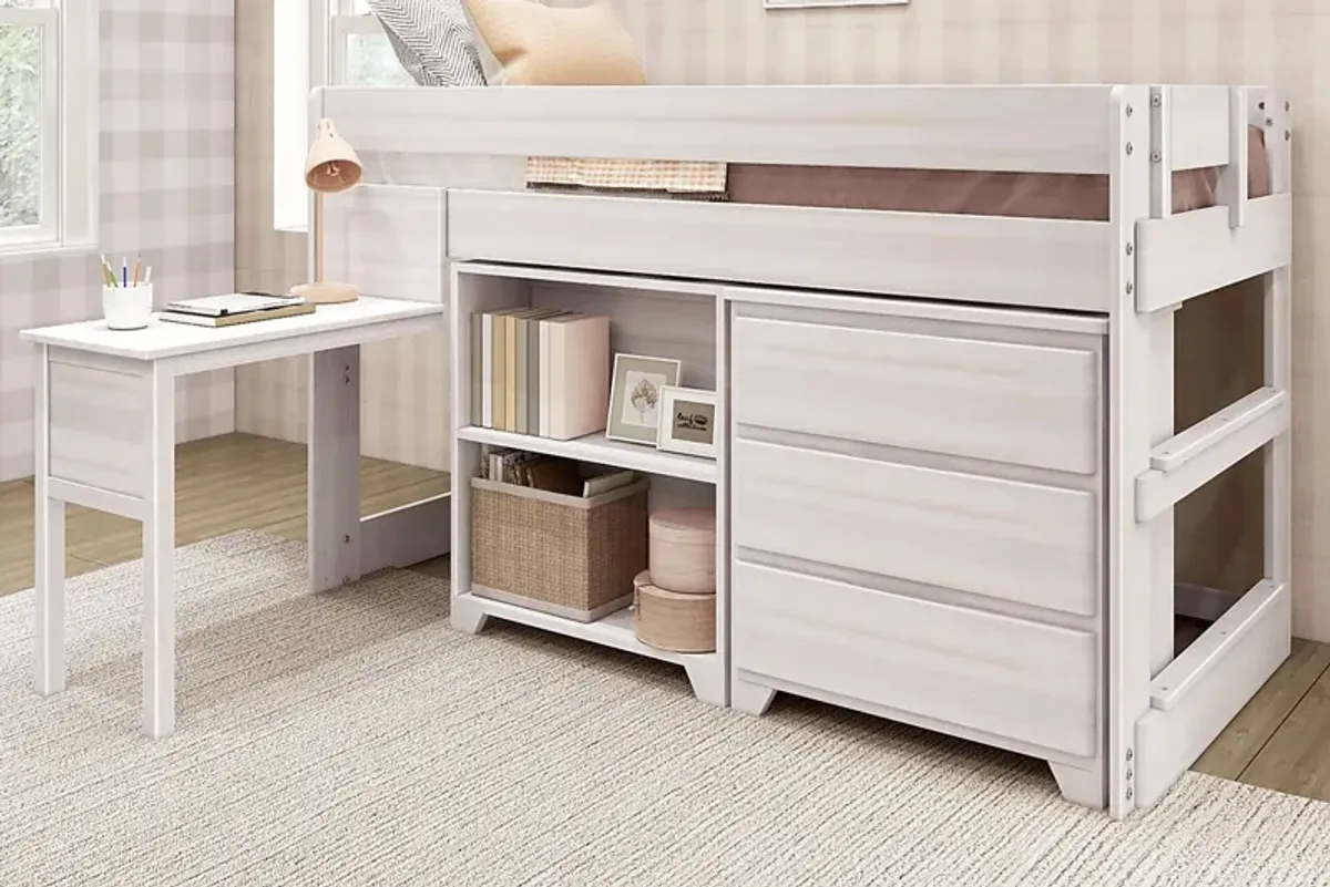 Kids Eliska I White Twin Loft Bed with Dresser, Bookcase, and Desk