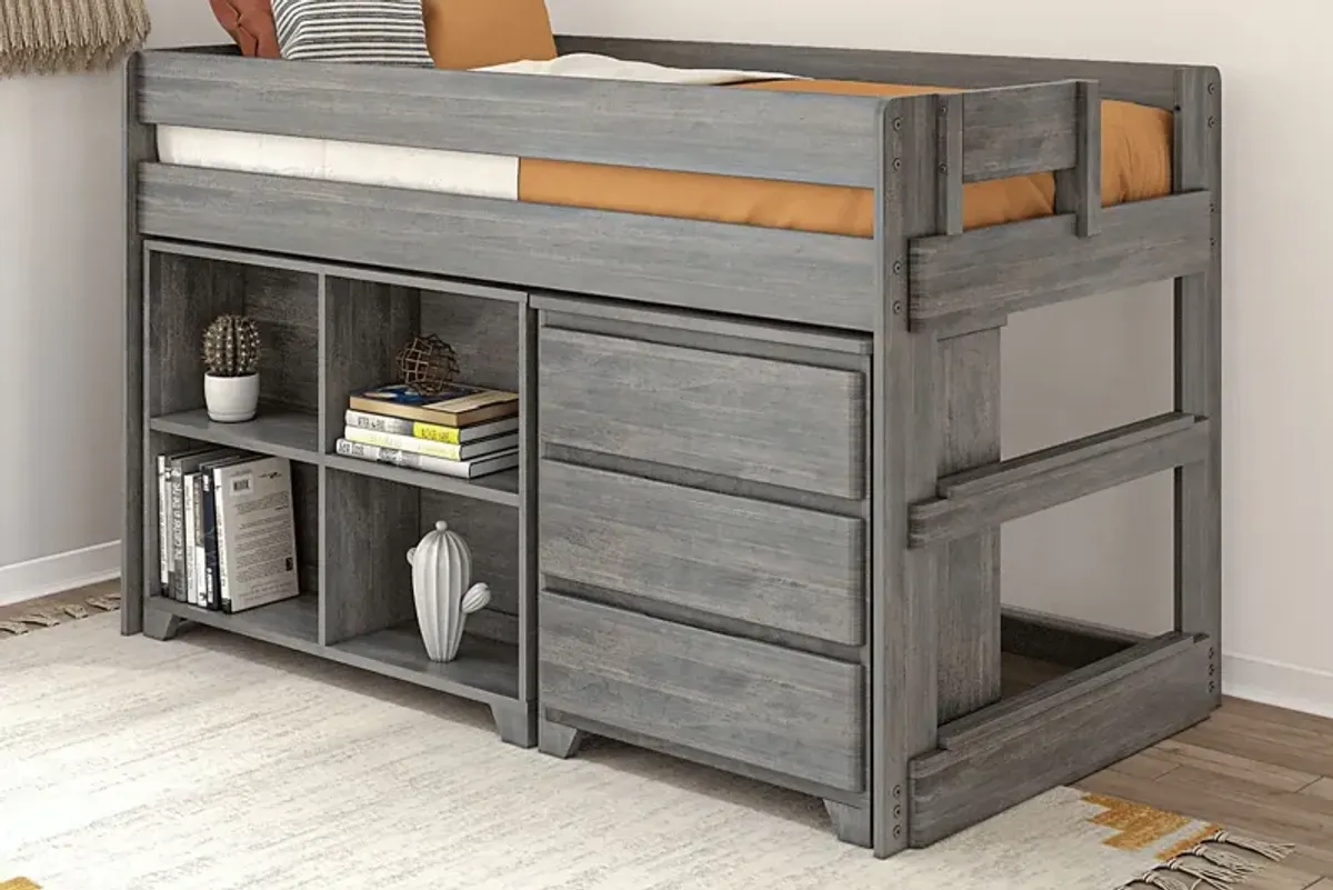 Kids Eliska II Gray Twin Loft Bed with Dresser & Bookcase