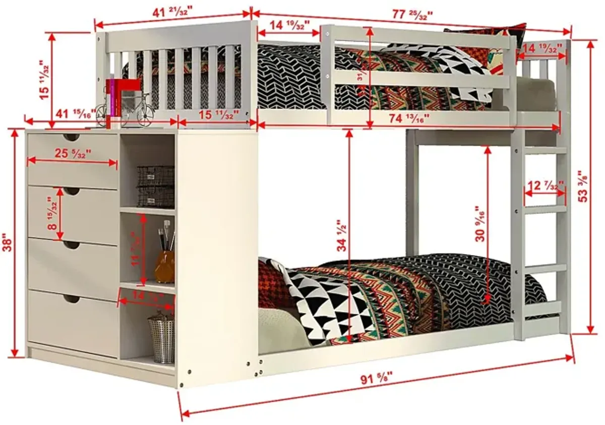 Kids Aklina White Twin/Twin Bunk Bed with Dresser